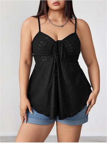 SOLY HUX Women's Plus Size Peplum Tops Cute Sweetheart Neck Tie Front Eyelet Cami Babydoll Top in Saudi Arabia