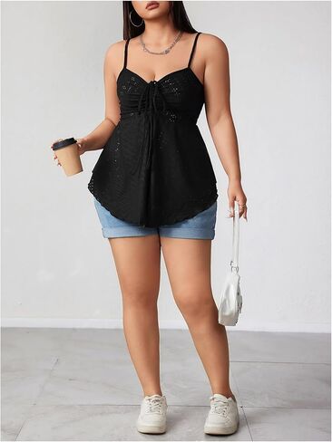 SOLY HUX Women's Plus Size Peplum Tops Cute Sweetheart Neck Tie Front Eyelet Cami Babydoll Top in Saudi Arabia