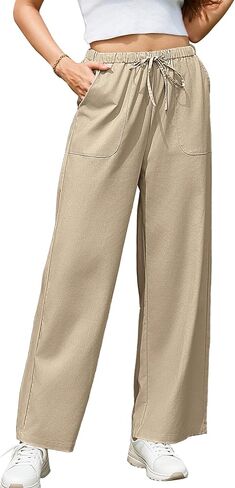 Bsubseach Womens Casual Pants Wide Leg Pants Elastic Waist Slacks with Pockets Lounge Fall Outfits in Saudi Arabia