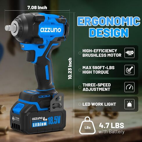 AZZUNO Cordless Impact Wrench 1/2 inch 627 Ft-lbs High Torque Brushless Electric Impact with 2x4Ah Batteries, Fast Charger, 4 Sockets & Case, Power Impact Driver for Home Car Truck Tire in Saudi Arabia