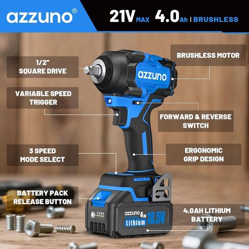 AZZUNO Cordless Impact Wrench 1/2 inch 627 Ft-lbs High Torque Brushless Electric Impact with 2x4Ah Batteries, Fast Charger, 4 Sockets & Case, Power Impact Driver for Home Car Truck Tire in Saudi Arabia