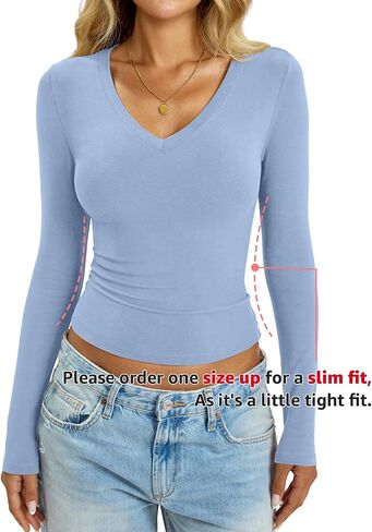 Womens Cotton Long Sleeve Shirts V Neck Slim Fit Tops Basic Tees Going Out Outfits 2025 Fall Spring in Saudi Arabia