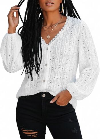 CUPSHE Women's Blouses Eyelet Tops Long Sleeve V Neck Puff Sleeve Shirts Dressy Casual in Saudi Arabia