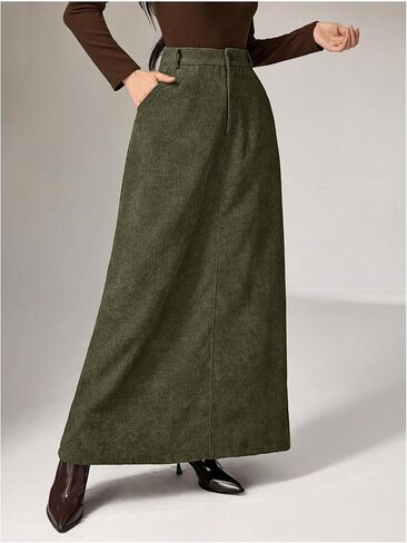 MakeMeChic Women's Business Casual Corduroy Skirt High Waisted Zip Up A Line Maxi Skirts in Saudi Arabia