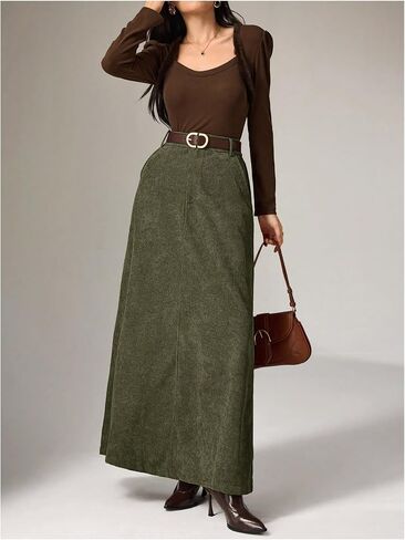 MakeMeChic Women's Business Casual Corduroy Skirt High Waisted Zip Up A Line Maxi Skirts in Saudi Arabia