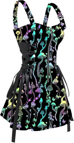 DRESSFO Women’s Gothic Buckle Strap Mini Dress – Lace Up Zipper Dress in Galaxy Skull Mushroom Print (Black4/1X) in Saudi Arabia