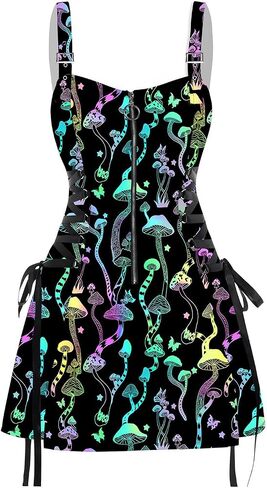 DRESSFO Women’s Gothic Buckle Strap Mini Dress – Lace Up Zipper Dress in Galaxy Skull Mushroom Print (Black4/1X) in Saudi Arabia