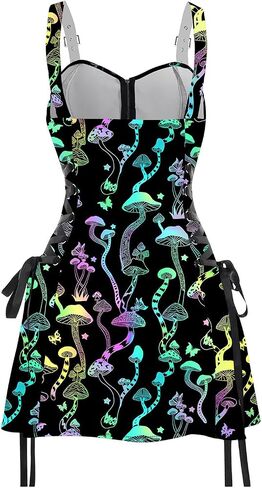 DRESSFO Women’s Gothic Buckle Strap Mini Dress – Lace Up Zipper Dress in Galaxy Skull Mushroom Print (Black4/1X) in Saudi Arabia