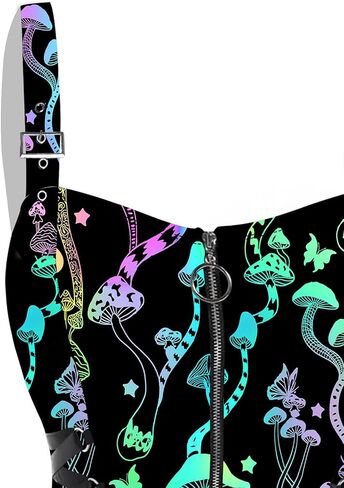 DRESSFO Women’s Gothic Buckle Strap Mini Dress – Lace Up Zipper Dress in Galaxy Skull Mushroom Print (Black4/1X) in Saudi Arabia