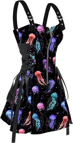 DRESSFO Women’s Gothic Buckle Strap Mini Dress – Lace Up Zipper Dress in Galaxy Skull Mushroom Print (Black4/1X) in Saudi Arabia