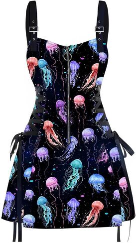 DRESSFO Women’s Gothic Buckle Strap Mini Dress – Lace Up Zipper Dress in Galaxy Skull Mushroom Print (Black4/1X) in Saudi Arabia
