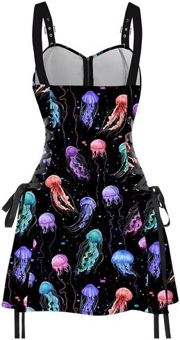 DRESSFO Women’s Gothic Buckle Strap Mini Dress – Lace Up Zipper Dress in Galaxy Skull Mushroom Print (Black4/1X) in Saudi Arabia