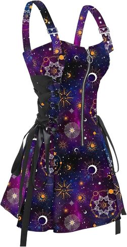 DRESSFO Women’s Gothic Buckle Strap Mini Dress – Lace Up Zipper Dress in Galaxy Skull Mushroom Print (Black4/1X) in Saudi Arabia