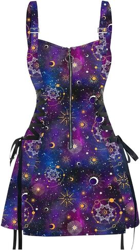 DRESSFO Women’s Gothic Buckle Strap Mini Dress – Lace Up Zipper Dress in Galaxy Skull Mushroom Print (Black4/1X) in Saudi Arabia