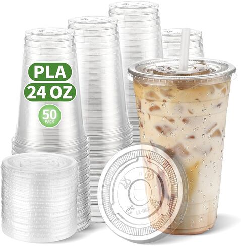 16 OZ Compostable Clear Plastic Disposable Iced Coffee Cups with Flat Lids, Biodegradable Cold Drinking To Go Coffee Cups for Party Smoothie, Slushy, Milkshake Lemonade 50 Sets in Saudi Arabia