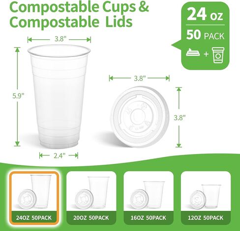 16 OZ Compostable Clear Plastic Disposable Iced Coffee Cups with Flat Lids, Biodegradable Cold Drinking To Go Coffee Cups for Party Smoothie, Slushy, Milkshake Lemonade 50 Sets in Saudi Arabia