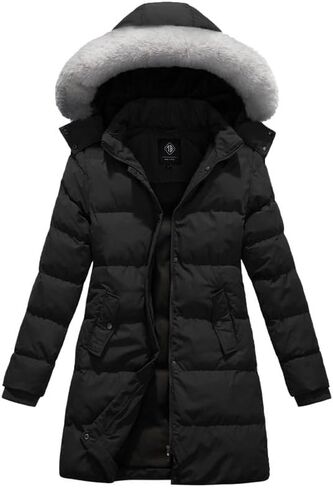 معطف شتوي منتفخ سميك للسيدات من KVE سترة ثلجية دافئة مع غطاء رأس قابل للإزالة من الفرو الصناعي in Kuwait