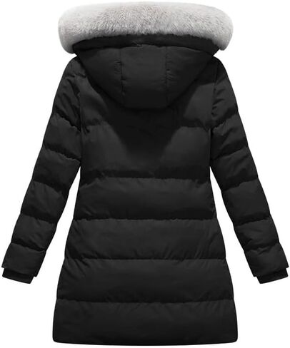 معطف شتوي منتفخ سميك للسيدات من KVE سترة ثلجية دافئة مع غطاء رأس قابل للإزالة من الفرو الصناعي in Kuwait