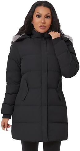 معطف شتوي منتفخ سميك للسيدات من KVE سترة ثلجية دافئة مع غطاء رأس قابل للإزالة من الفرو الصناعي in Kuwait