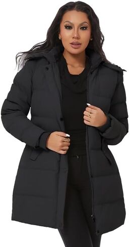 معطف شتوي منتفخ سميك للسيدات من KVE سترة ثلجية دافئة مع غطاء رأس قابل للإزالة من الفرو الصناعي in Kuwait