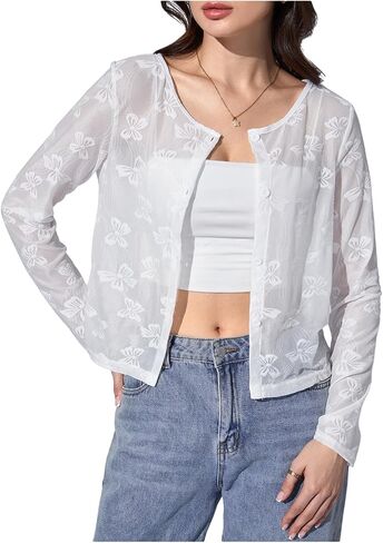 OYOANGLE Women's Sheer Mesh Button Front Cardigan Casual Long Sleeve Lightweight Cardigans in Saudi Arabia