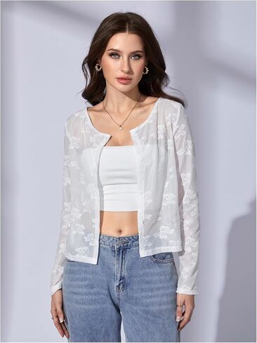 OYOANGLE Women's Sheer Mesh Button Front Cardigan Casual Long Sleeve Lightweight Cardigans in Saudi Arabia