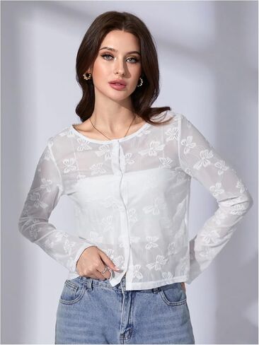 OYOANGLE Women's Sheer Mesh Button Front Cardigan Casual Long Sleeve Lightweight Cardigans in Saudi Arabia