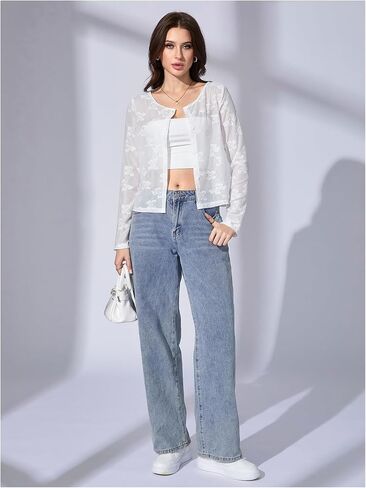 OYOANGLE Women's Sheer Mesh Button Front Cardigan Casual Long Sleeve Lightweight Cardigans in Saudi Arabia