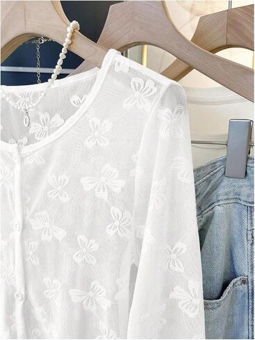 OYOANGLE Women's Sheer Mesh Button Front Cardigan Casual Long Sleeve Lightweight Cardigans in Saudi Arabia