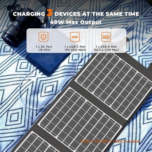 لوحة شمسية محمولة، LUMOPAL 40W شاحن شمسي قابل للطي مع USB-C PD 40W، 5V USB-A QC3.0، منافذ DC18-20V للسفر والتخييم وحقيبة الظهر المتوافقة مع محطة طاقة الهاتف iPad in Kuwait