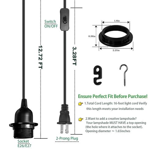 قم بتوصيل مجموعة مقبس ضوء قلادة - طقم مصباح سلك مصباح معلق 16 قدمًا ، سلك تمديد مقبس المصباح E26/E27 مع مفتاح التشغيل/الإيقاف ، حلقات المقبس ، حزمة ، أبيض in Kuwait