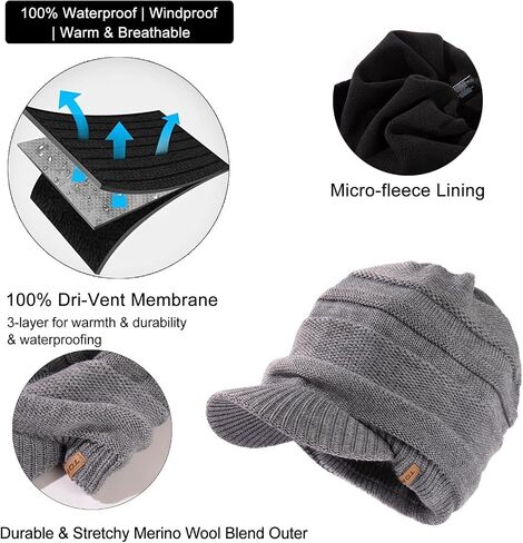 TOP-EX DryKnit™ Winter Waterproof Merino Wool Visor Beanie Hat with Brim for Men Women, Knit Cap Stocking Warm Fleece Lined in Saudi Arabia