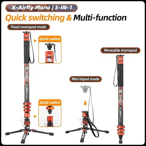 Monopod Fotopro 73 بوصة من ألياف الكربون مع أقدام ، 3 في 1 منصة شديدة التحمل لكاميرات Canon و Nikon و Sony Mirrorless و DSLR ، Max Load 22 رطلاً ، X-Airfly Mono Gray in Saudi Arabia