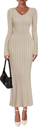 ZESICA Women's 2025 Fall Sweater Dress Long Sleeve V Neck Ribbed Knit Party Cocktail Bodycon Maxi Dresses in Saudi Arabia