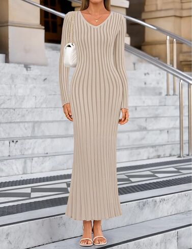 ZESICA Women's 2025 Fall Sweater Dress Long Sleeve V Neck Ribbed Knit Party Cocktail Bodycon Maxi Dresses in Saudi Arabia