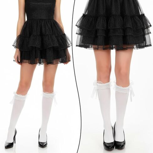 جوارب سوداء مكشكشة، جوارب لوليتا قطنية للفتيات حتى الركبة مع فيونكة، هدية جورب Kawaii Goth Lolita للنساء للارتداء اليومي والرقص في المدرسة in Kuwait
