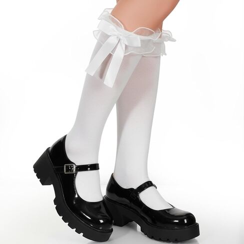 جوارب سوداء مكشكشة، جوارب لوليتا قطنية للفتيات حتى الركبة مع فيونكة، هدية جورب Kawaii Goth Lolita للنساء للارتداء اليومي والرقص في المدرسة in Kuwait