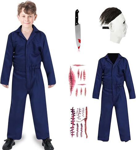 4Pcs Kids Michael Costume for Boys Zombie Mask Scar Stickers Jumpsuit Coveralls Halloween Costumes Props in Saudi Arabia
