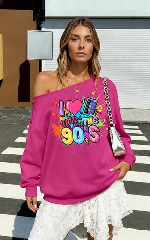 90s Outfit for Women Sexy Off The Shoulder Sweatshirt I Love The 90's Shirt Oversized Long Sleeve Pullover Top in Saudi Arabia