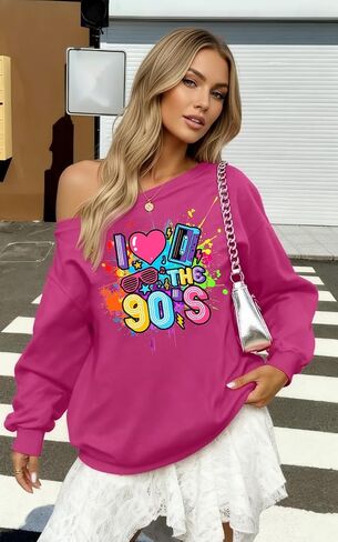90s Outfit for Women Sexy Off The Shoulder Sweatshirt I Love The 90's Shirt Oversized Long Sleeve Pullover Top in Saudi Arabia