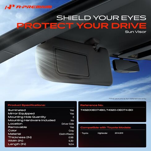 A-Premium Driver Left Side Sun Visor Compatible with Toyota Highlander 2014 2015 2016 2017 2018 2019 - with Vanity Mirror, with Vanity Light, Gray Color - Replaces 743200E074B0, 74320-0E074-B0 in Saudi Arabia