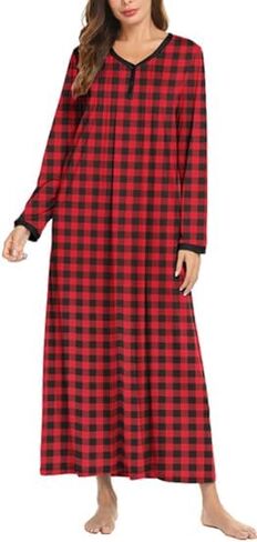 Ekouaer Women's Long Sleeve Nightgown Full Length Sleepwear Long Sleepshirts Henley Sleep Dress S-4XL in Saudi Arabia