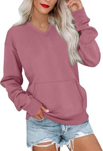 V Neck Sweatshirt Women with Pockets Casual Plain Comfort Hoodless Hoodies Cozy Fleece Pullover Sweatshirts No Hood in Saudi Arabia