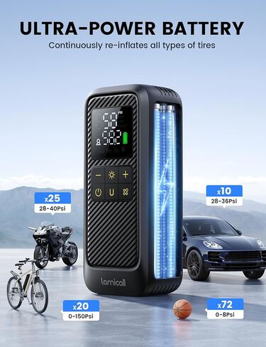 ضاغط الهواء المحمول في الإطارات - Lamicall [5x أسرع] [150 رطل] مضخة هواء السيارة مع بطارية قابلة لإعادة الشحن ، مقياس ضغط الشاشة الرقمية ، ضوء LED ، المضخة اللاسلكية للسيارة ، الدراجة ، دراجة نارية ، الكرة in Saudi Arabia