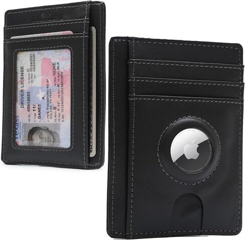 محفظة Airtag الفاخرة محفظة حامل بطاقات RFID مع حامل Airtag مدمج - محفظة بطاقات جلدية قابلة للطي بجيب أمامي رفيع وبسيط للرجال مع نافذة لبطاقة الهوية (أسود فاخر) in Saudi Arabia