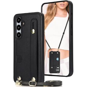 CCSmall for Samsung Galaxy S24 Case with Stand for Women, Crossbody Lanyard & Wristlet Strap Case Phone Cover for Samsung Galaxy S24 KB Black