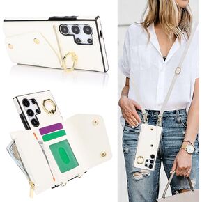 for Samsung Galaxy S24 Ultra (Not S24) Phone Case for Women, Crossbody Wallet Case with Credit Card Holder Lanyard Shockproof Purse Kickstand Case for Samsung Galaxy S24 Ultra.Crossbody Black