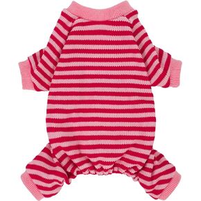 Fitwarm Pink and Red Striped Dog Pajamas, Waffle Dog Clothes for Small Dogs Girl Boy, Puppy Onesie with Feet, Pet Cat Outfit, Medium