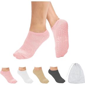 L&L Long Life Grip socks Pilates Yoga socks for women + Laundry Bag (4 Pairs Assorted + Laundry Bag)