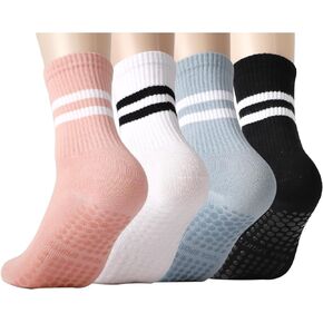 IHFAIO 4 Pairs Grip Socks for Women, Non Slip Pilates Yoga Socks with Double Stripes Non Slip Socks for Workout, Ballet, Athletic Socks
